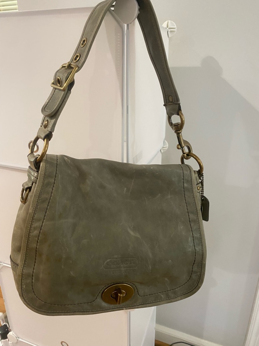 Coach Gray Leather Turnlock Shoulder Bag with Brass Hardware
